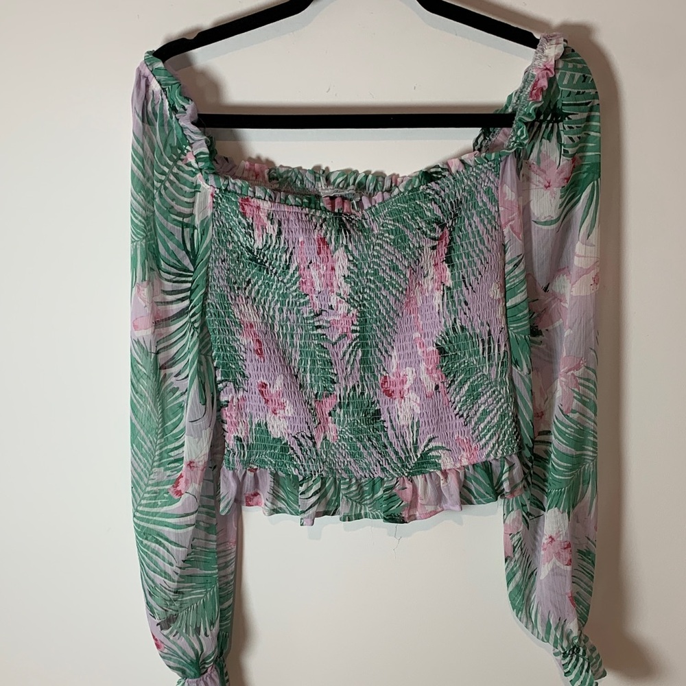 Revamped Pink & Green Tropical Off-Shoulder Smocked Top Medium